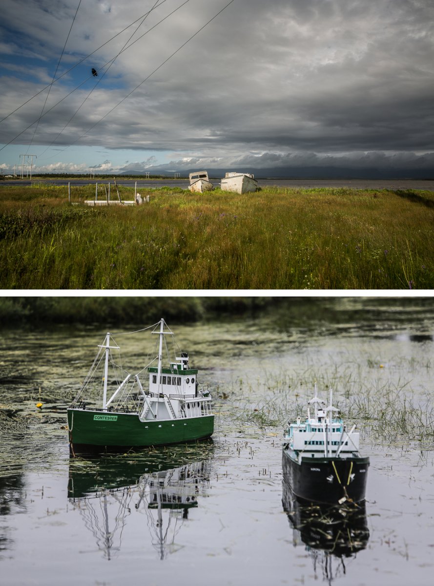 On the top, fishing boats with crow in Parson's Pond. On the bottom, river of Boats model boats in Witless Bay.