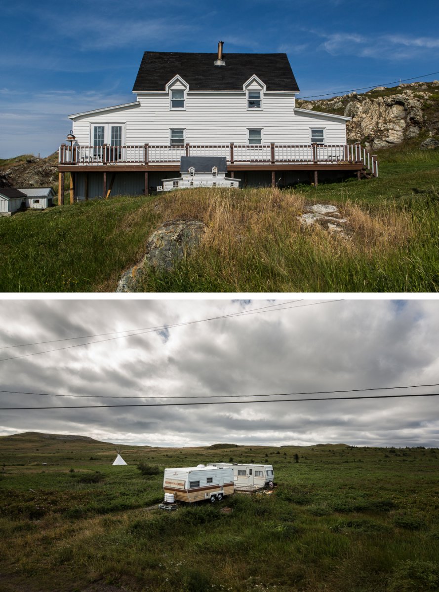 On the top, house with model of itself in Twillingate. On the bottom, three mobile homes in Job's Cove.