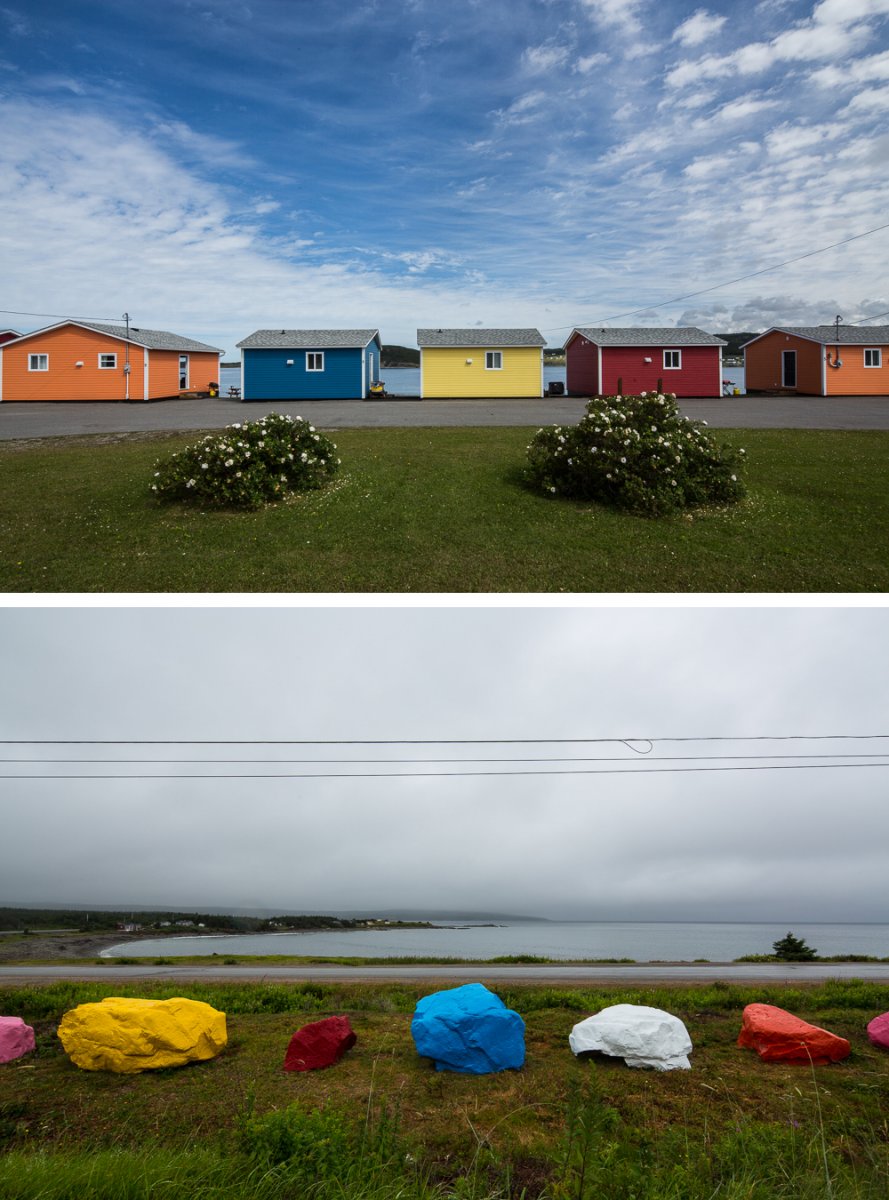 On the top, jellybean guest houses in St. Anthony. On the bottom, jellybean rocks in Birchy Cove.