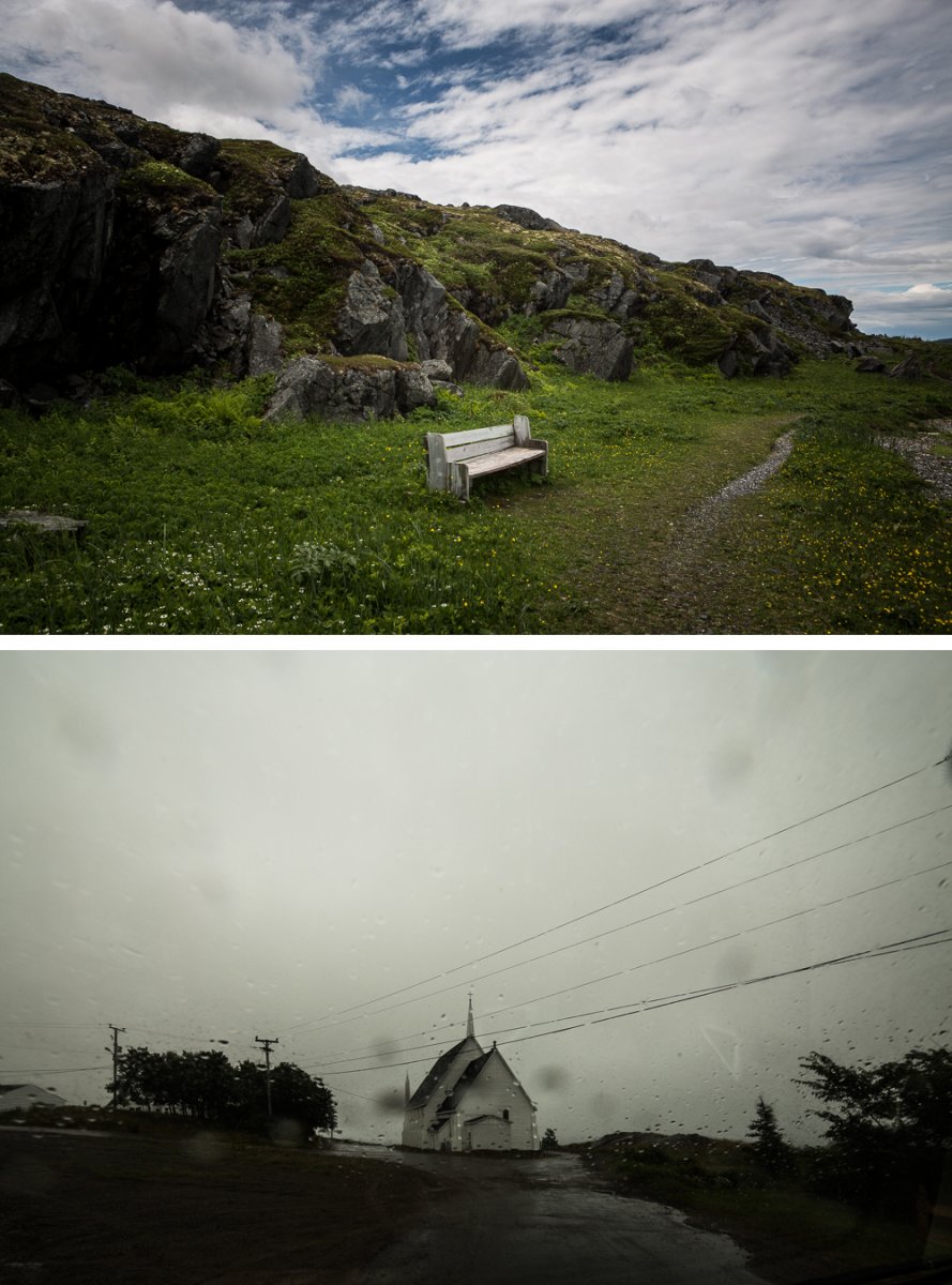 On the top, bench at World Heritage site in L'Ans aux Meadow. On the bottom, church in Duntara.