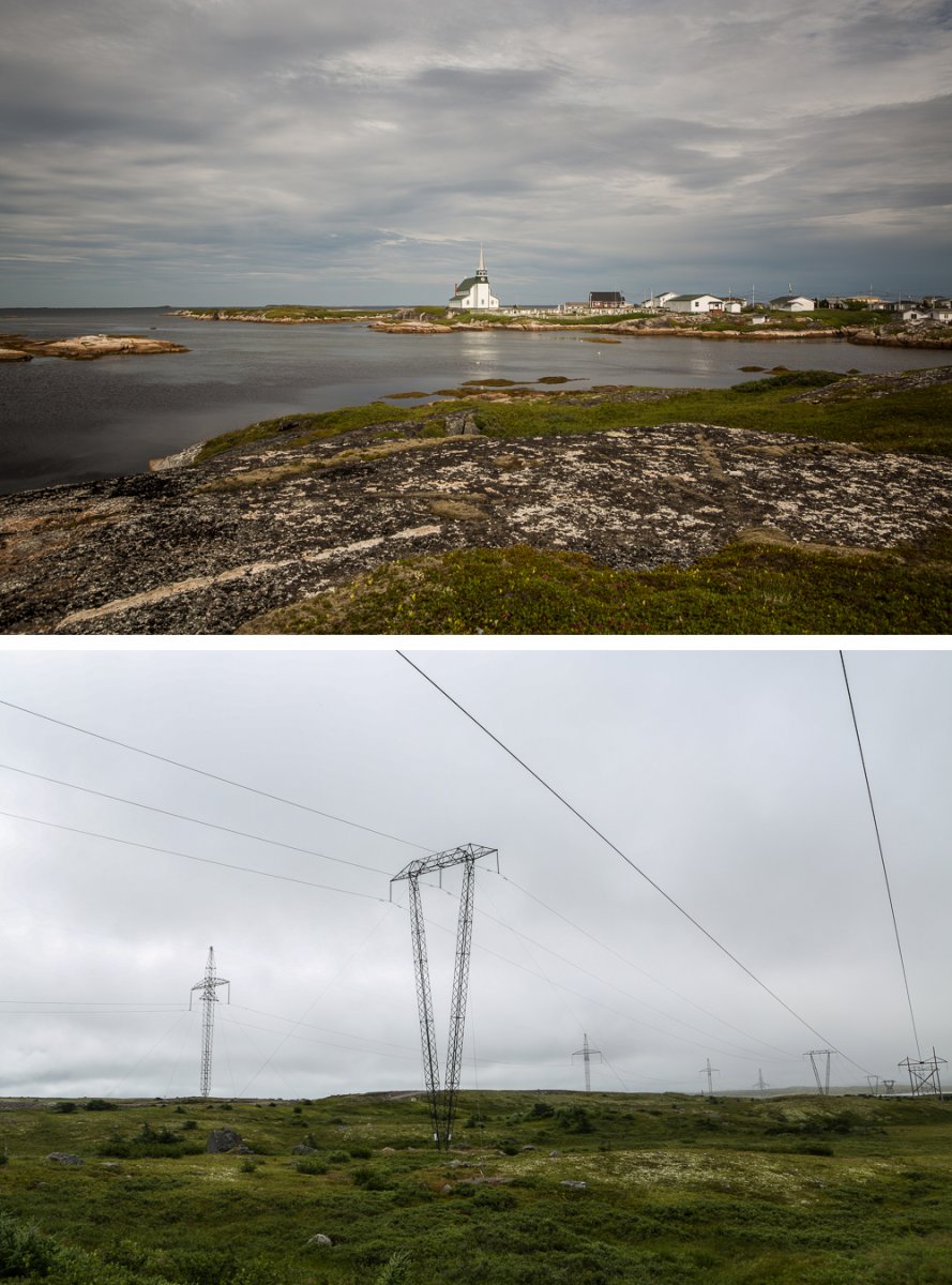 On the top, Newtown Anglican Church. On the bottom, power lines on the Avalon Peninsula.