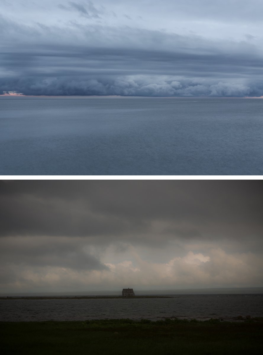 On the top, clouds in Placentia Bay. On the bottom, lighthouse-keepers house in River of Ponds.