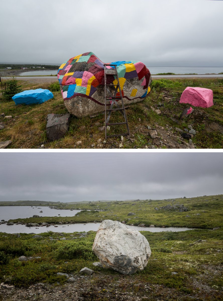 On the top, painted rock on the Bonavista Peninsula. On the bottom, Avalon Wilderness Reserve on the Avalon Peninsula.