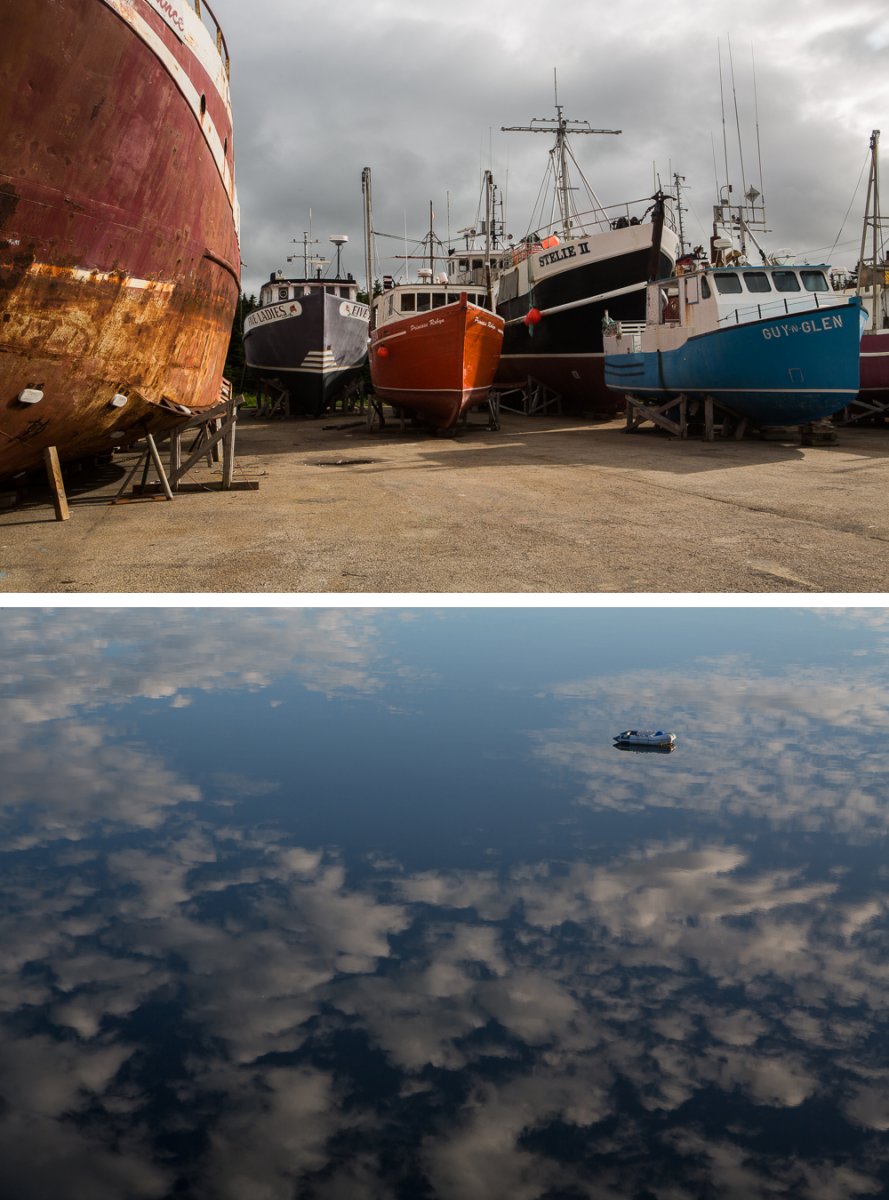 On the top, cradled fishing boats in Port Saunders. On the bottom, dinghy in Dunfield.