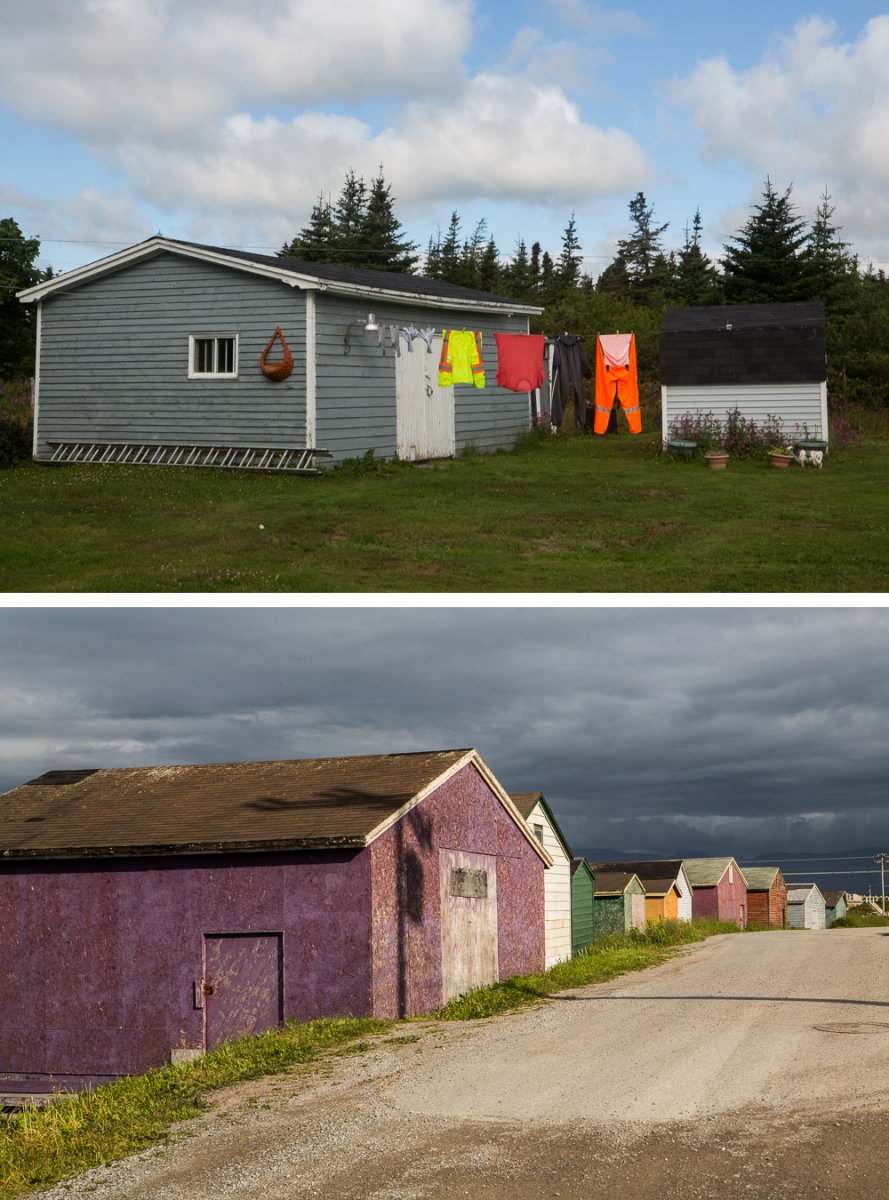 On the top, clothesline on the Avalon Peninsula. On the bottom, fishing shacks on the Northern Peninsula.