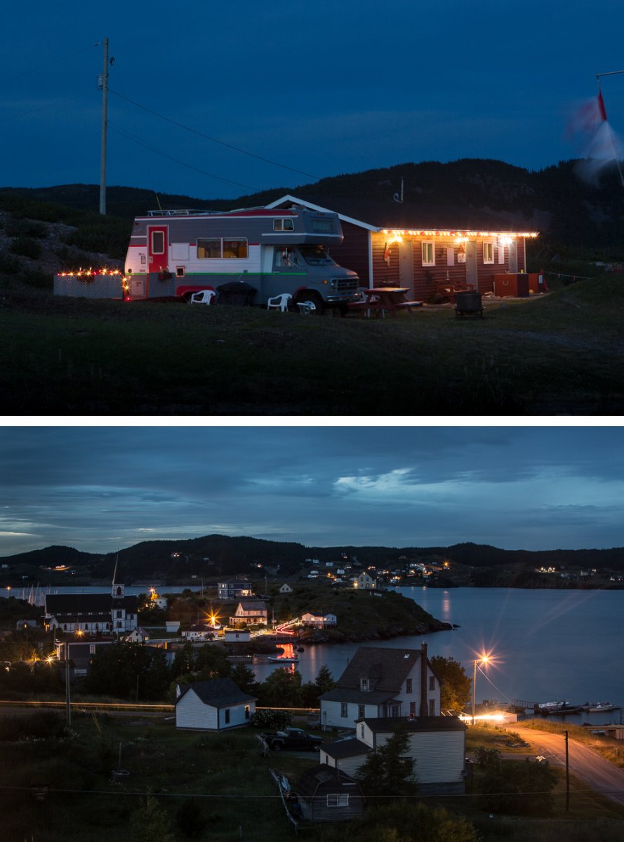 On the top, camper in Back Harbor. On the bottom, dusk in Trinity.