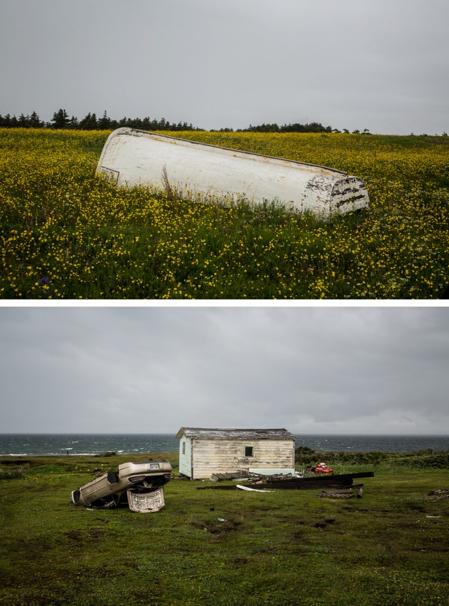 On the top, upside-down boat on the Northern Peninsula. On the bottom, upside-down car and fishing shack on the Northern Peninsula.