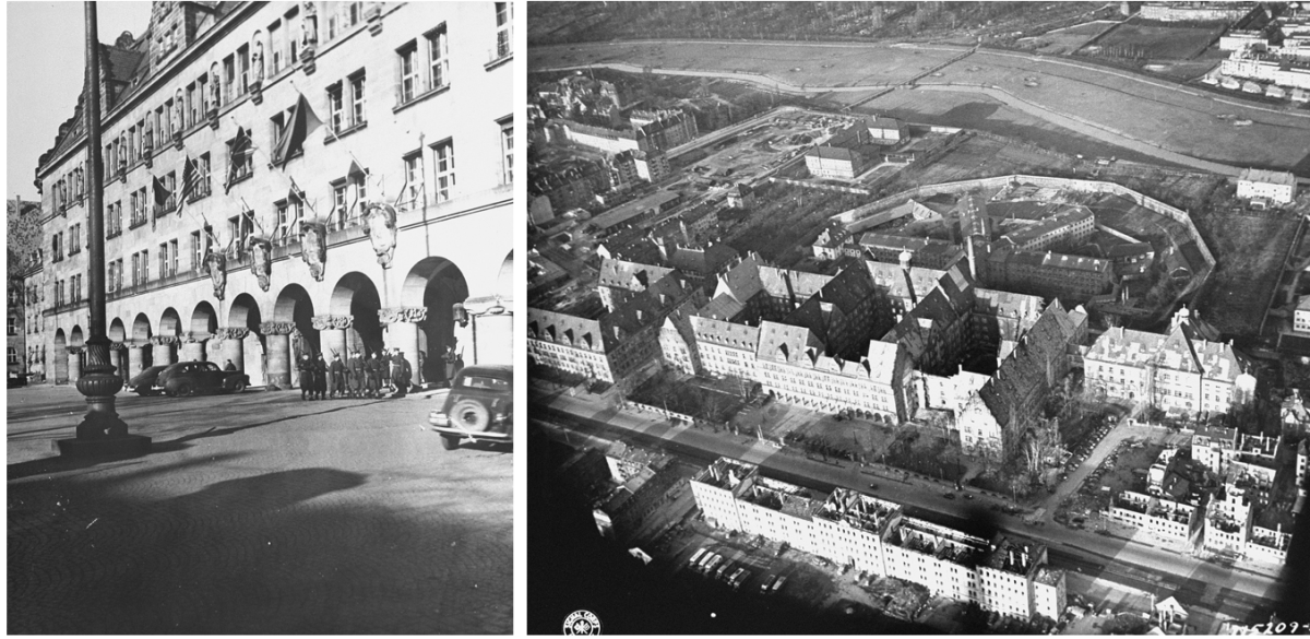 On the left, the Palace of Justice in Nuremberg. On the right, aerial view of the Palace of Justice in Nuremberg.