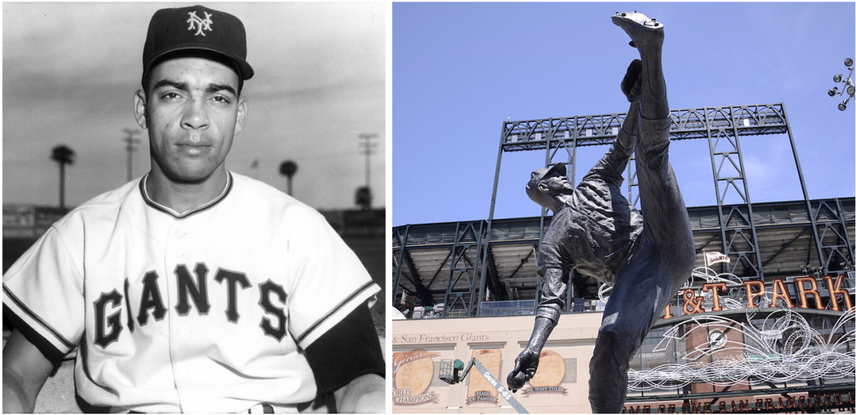 On the left, Ozzie Virgil with the New York Giants in the 1950s. On the right, Juan Marichal’s statue outside the San Francisco Giants stadium.