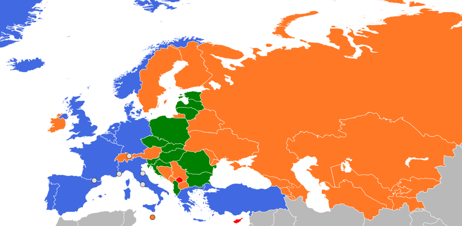 European Nato Members, 1994 (blue); Present NATO members which were formerly PfP members (green); PfP members (orange); States which desire PfP membership (red)