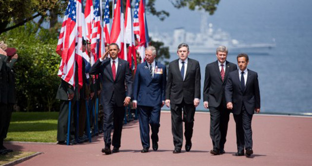 From left to right: U.S. President Barack Obama, Britain’s Prince Charles, Britain’s Prime Minister Gordon Brown, Canada’s Prime Minister Stephen Harper, and France’s President Nicolas Sarkozy.