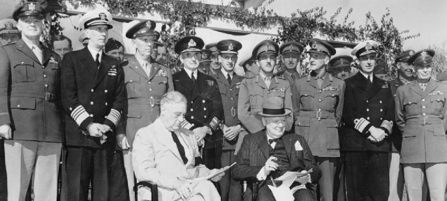 Churchill and Roosevelt meet in 1943 at Casablanca.