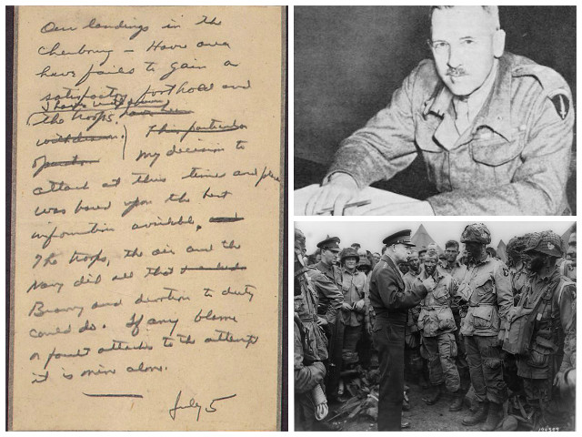 On the left, a letter drafted by Eisenhower in case the operation failed. At the top right, Lieutenant-General Frederick Morgan. At the bottom right, General Dwight Eisenhower gives his famous 'Full victory—nothing else' speech to paratroopers just before the invasion.