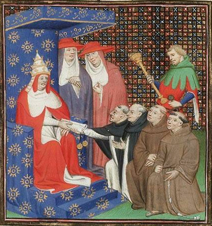 A manuscript image of Pope Innocent IV sending representatives of the mendicant orders on missions for the papacy.