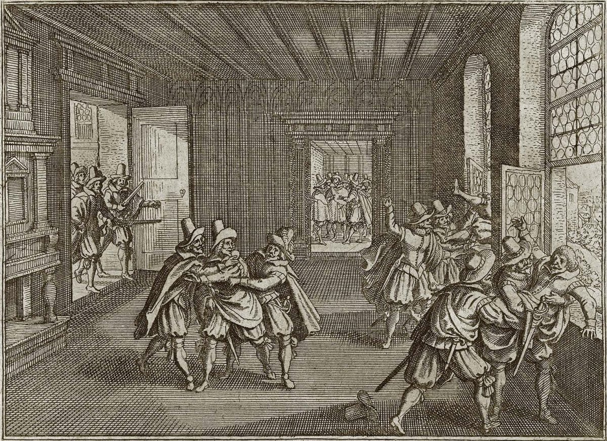 Woodcut print depicting the Second Defenestration of Prague in 1618.