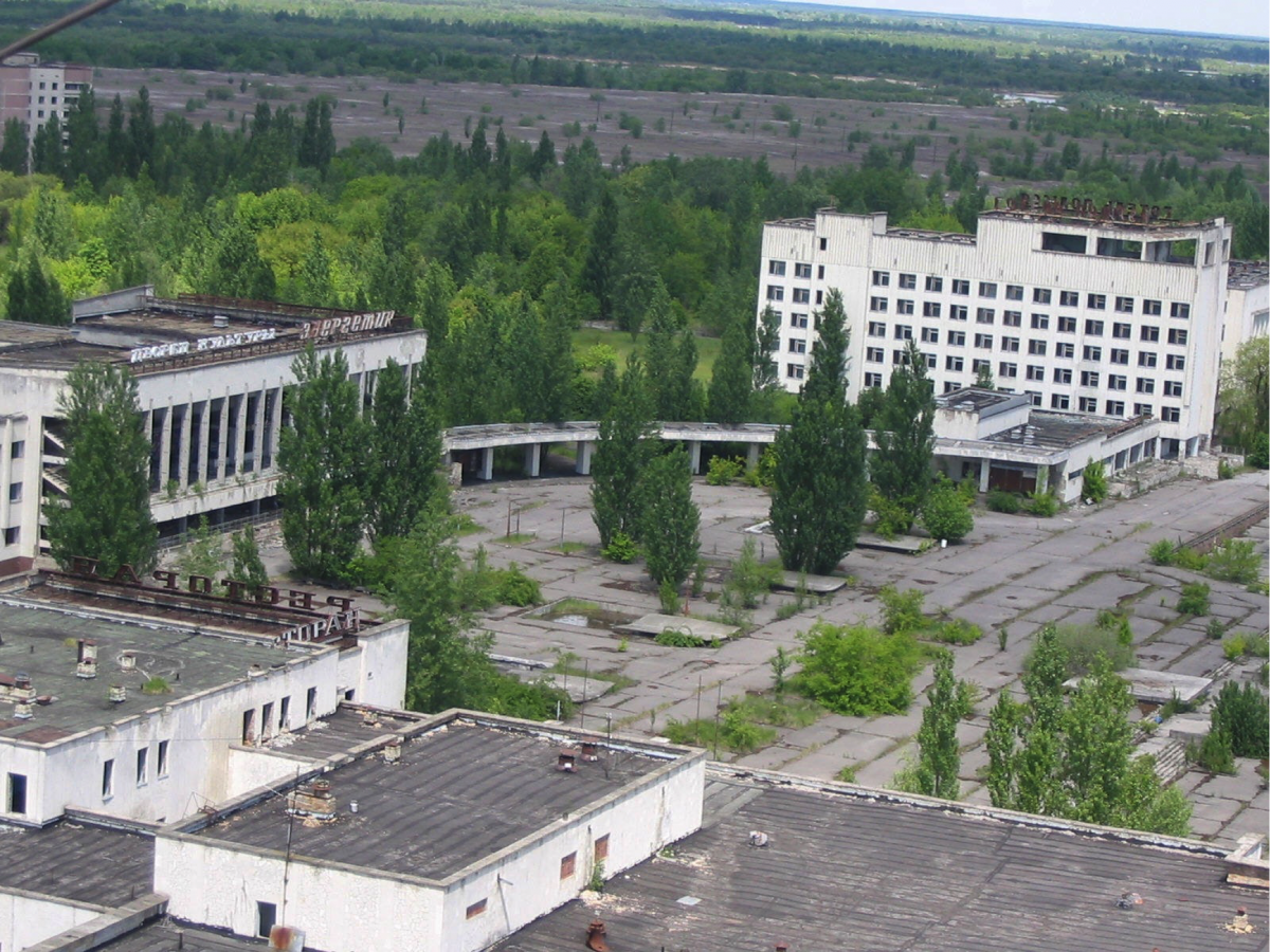 A rooftop view of the abandoned city of Pripyat.