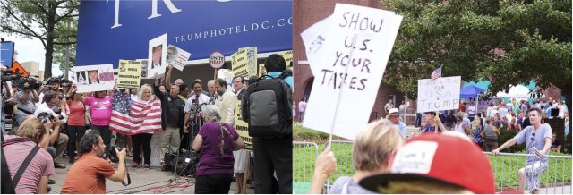 On the left, protesters outside the Trump International Hotel Washington, D.C. On the right, protesters outside a Wilmington, North Carolina campaign event.