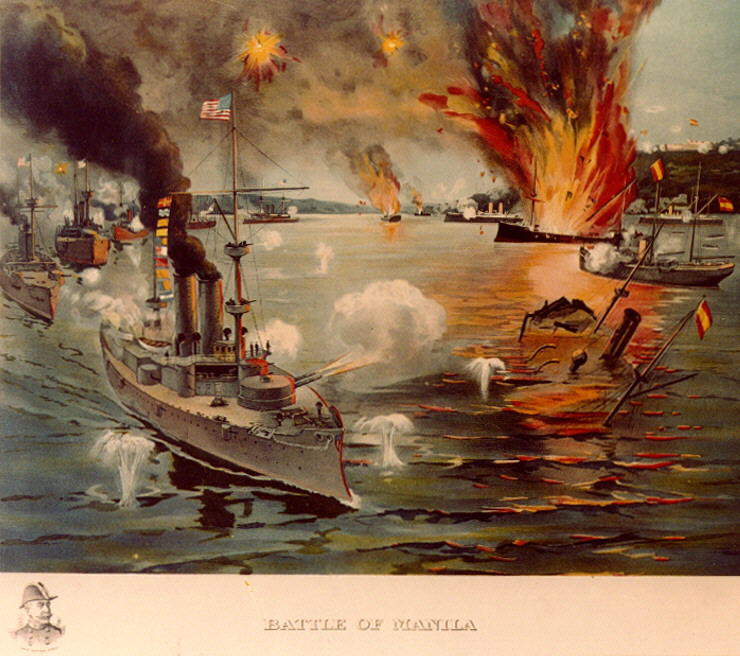 Print depicting the USS Olympia firing on the Spanish fleet.