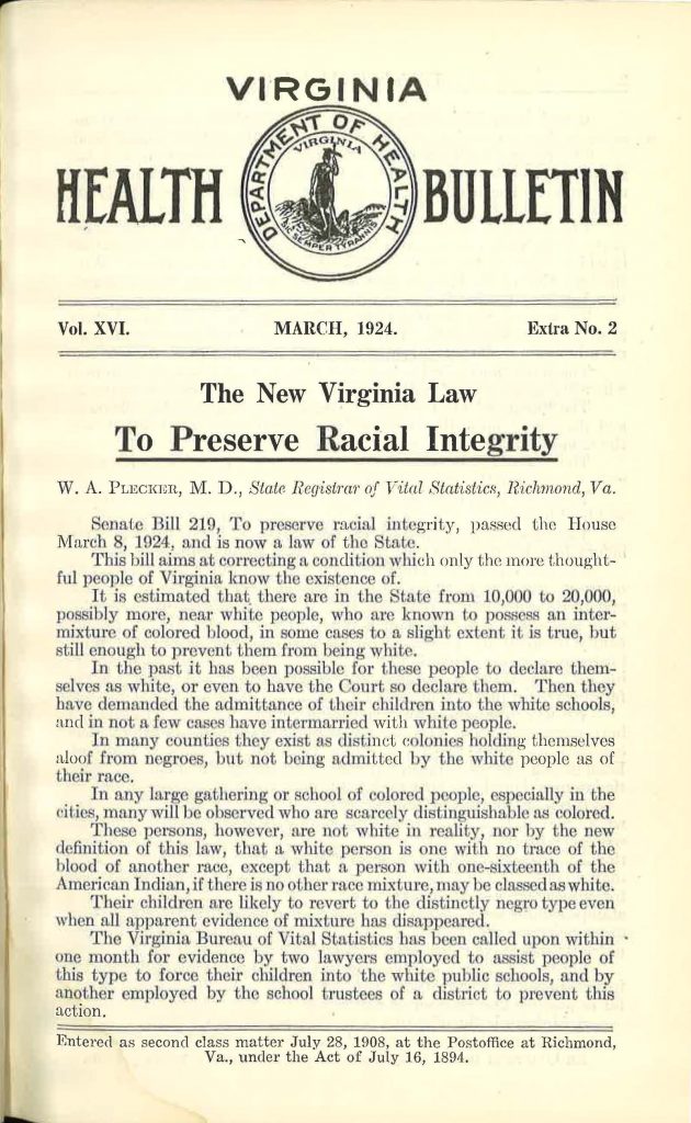 A 1924 Health Bulletin issued by the state of Virginia to warn white residents of the estimated tens of thousands of 'near white people' who should be avoided