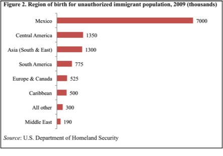 This graph represents the country of birth of unauthorized immigrants in the United States in 2009.