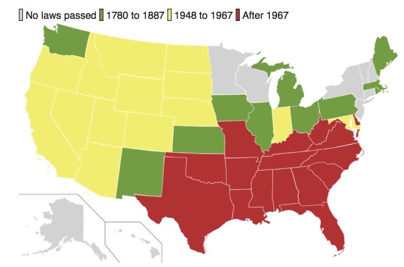 A map depicting the range of years in which states repealed interracial marriage bans.