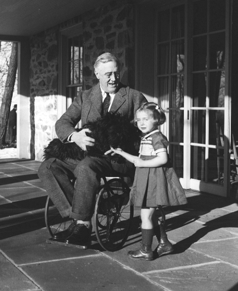 Roosevelt in a wheelchair.