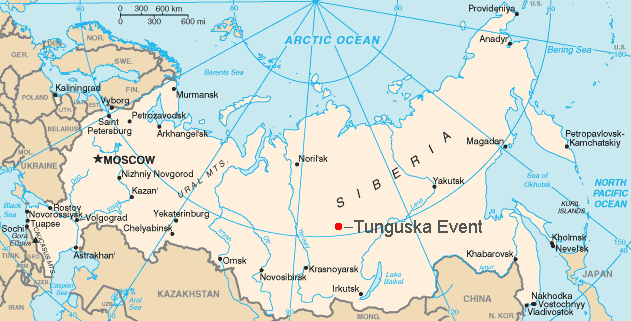 Map showing the location of the Tunguska explosion.