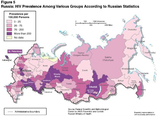 A map of HIV infections in Russia, 2002.