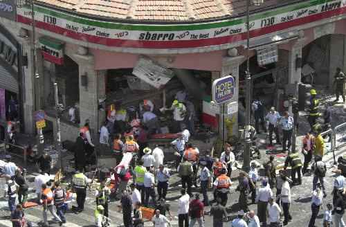 Sbarro pizza restaurant bombed by a Hamas suicide bomber.