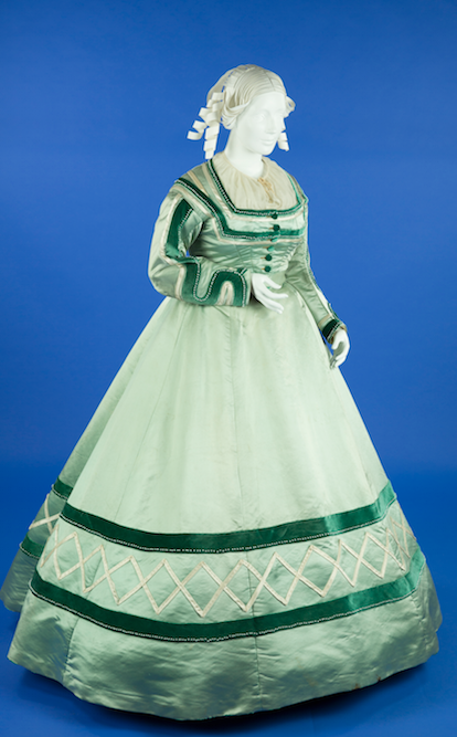 1863-1869 Aqua silk dress.