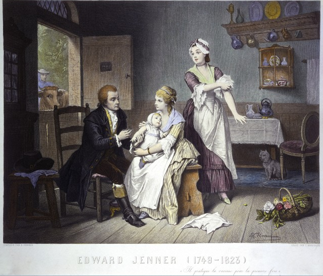 A 19th century colored engraving of Edward Jenner vaccinating his young child as a man stands outside with a cow.
