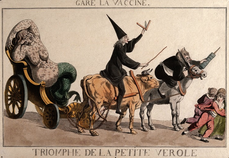 This 19th century French cartoon depicts children fleeing from a diseased woman morphing into a mermaid, an apothecary yielding a syringe, and a physician riding a cow – showing the public distrust of vaccination.