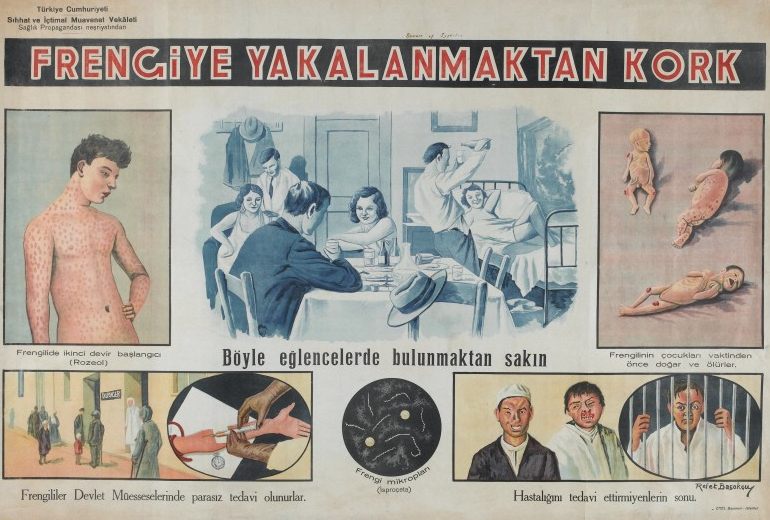 This series of vignettes, published by Turkish Republic Health and Social Assistance Ministry in the 1930s, presents the stages and treatment of syphilis.