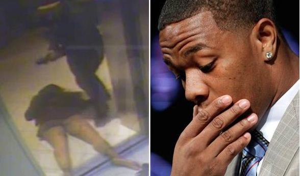 On the left, a video screenshot of Ray Rice dragging his unconscious fiancé from the elevator. On the right, Ray Rice.
