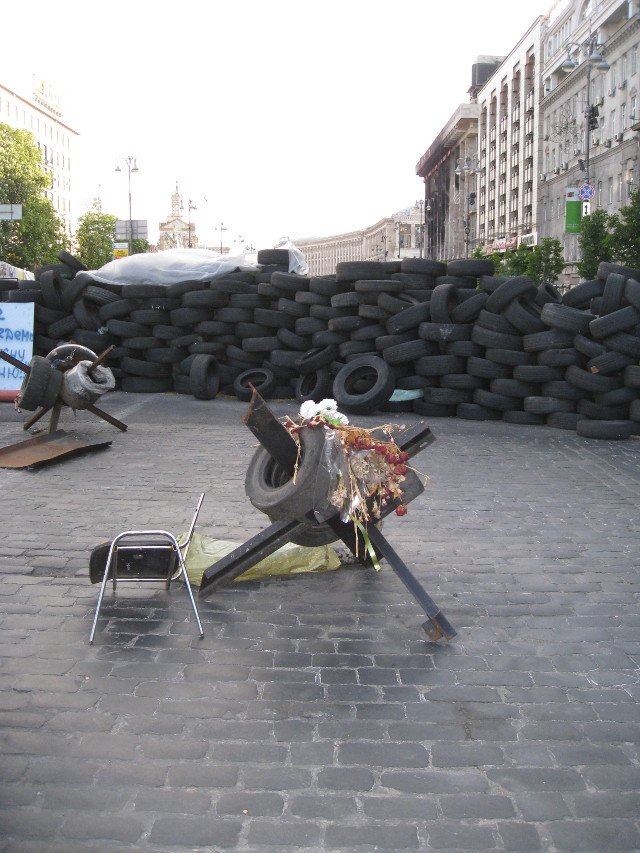 A barricade of old tires prepared for burning on Kyiv's main avenue.
