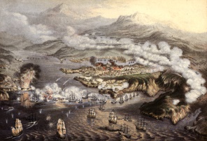 Depiction of the eleven-month-long siege of the Russian naval base at Sevastopol, Crimea.