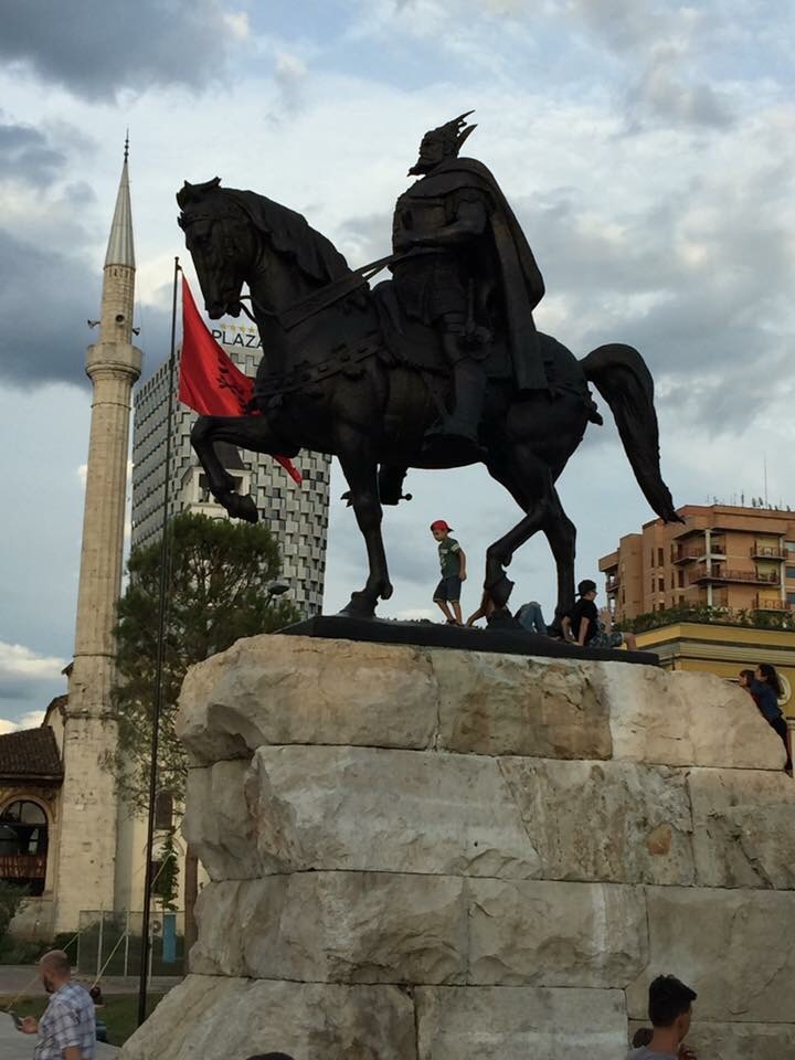 A monument dedicated to the 15th century Albanian nobleman Skanderbeg.