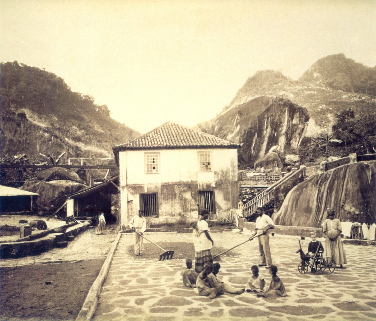 Slaves drying coffee at plantation in Rio de Janeiro, Brazil.