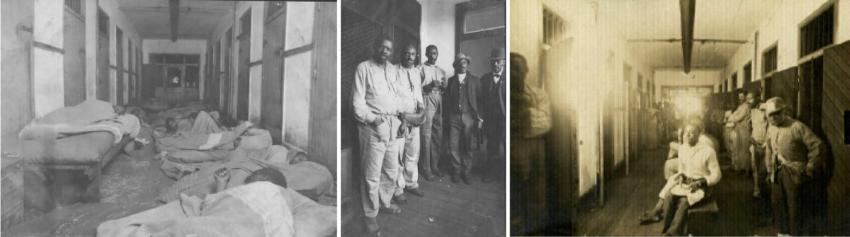At the Montevue Asylum in Maryland, patients slept on floors with minimal bedding (left), were often shackled (center), and had little space during the day (right).