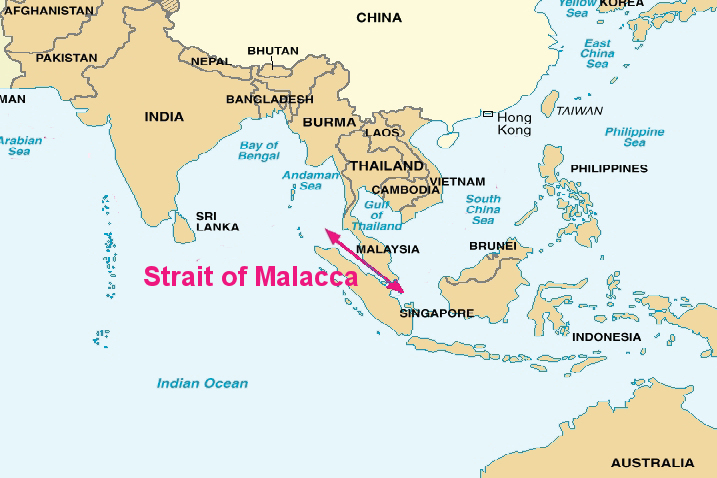 Singapore rests on the strait of Malacca.