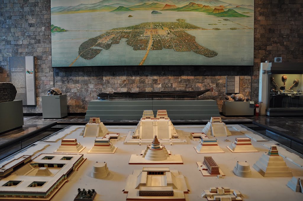 An image illustrating an aerial view of Tenochtitlan above a three-dimensional model of the city.