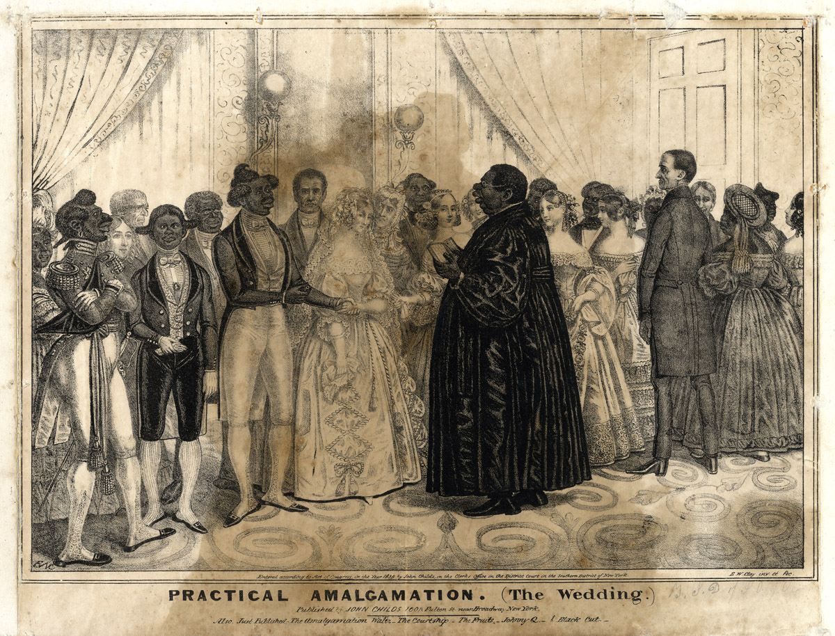Part of E.W. Clay’s 1839 series of lithographs on the topic, 'Practical Amalgamation (The Wedding)' caricatures people of African descent as buffoonish but depicts whites as having delicate and refined features.