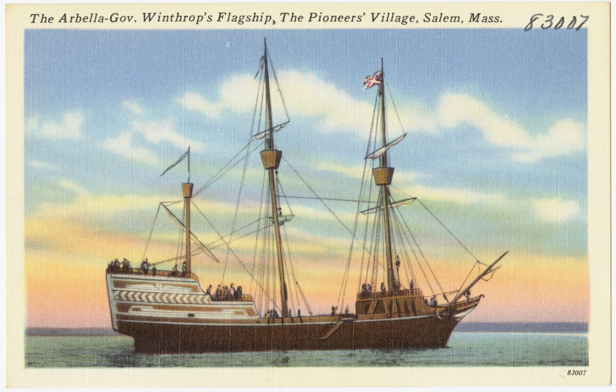 This postcard depicts a recreation of the Arbella.