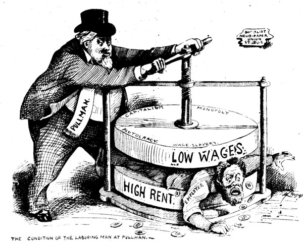 An 1894 cartoon depicting the pressures on workers.