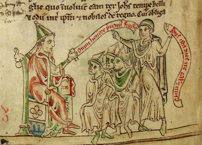 A manuscript image of Pope Innocent IV excommunicating Emperor Frederick II at the Council of Lyon.