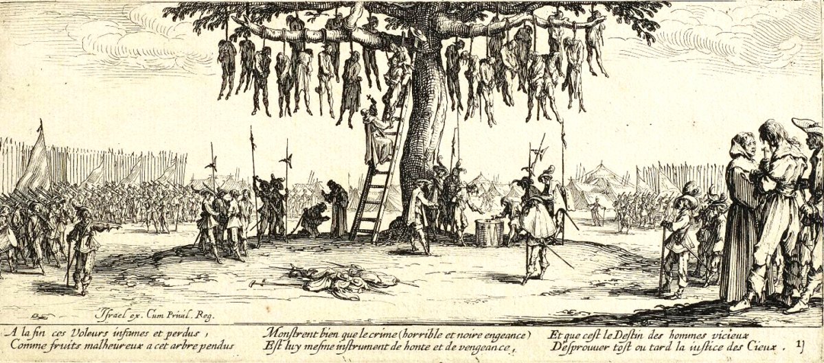 The miseries of war, no. 11, 'The Hanging' was engraved by Jacques Callot in 1632 in France.