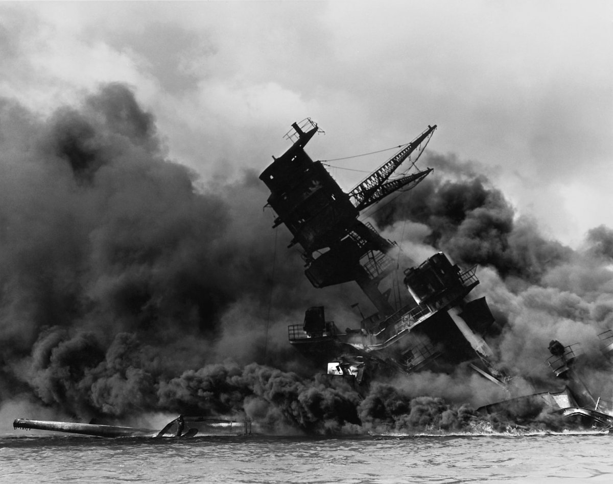 The USS Arizona after the attack at Pearl Harbor, 1941.
