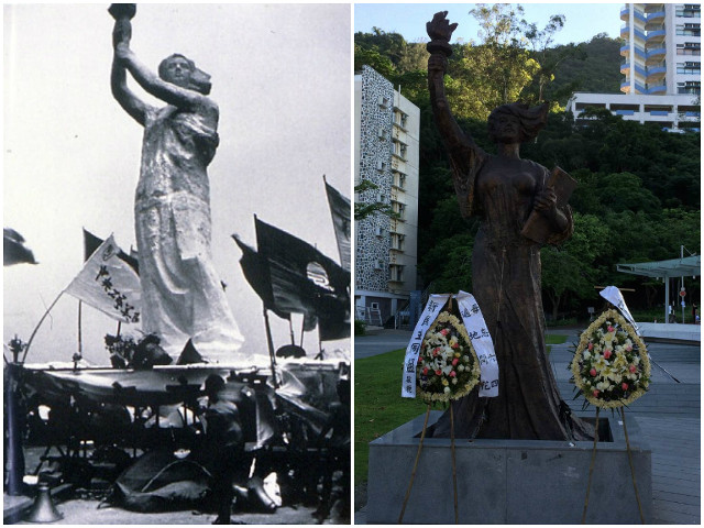 On the left, the original plaster Goddess of Democracy statue. On the right, a new statue of the Goddess of Democracy commemorates the original.