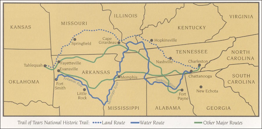 A map of different routes of the Trail of Tears.