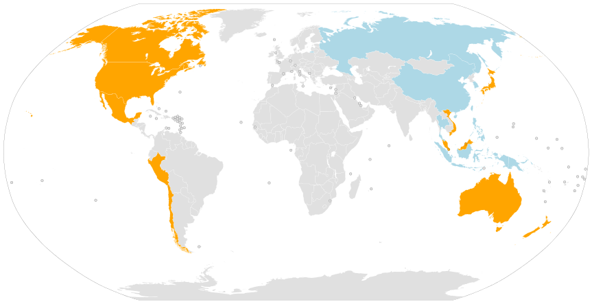 A map depicting signatories and potential signatories to the Trans-Pacific Partnership.
